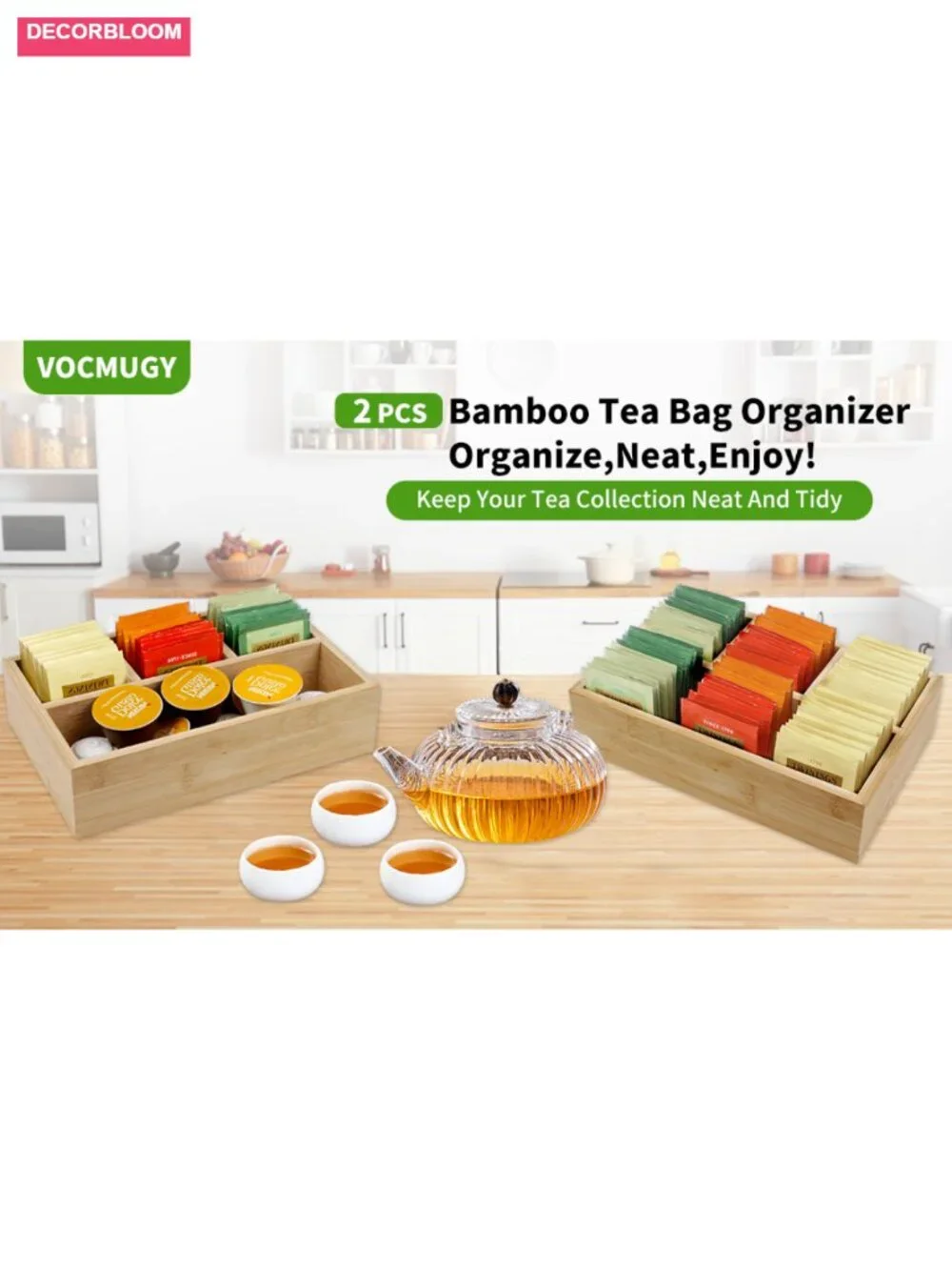 2 Pack Bamboo Tea Bag Organizers for Drawers, Coffee Station Storage